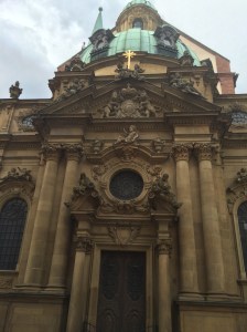 Dom St. Kilian Schönborn-Kapelle, bult mid-11th century, in Würzburg Germany; Note the creepy skeletons. (This is the back door, I think, and is less seen and photographed than is the more famous front side of the building)