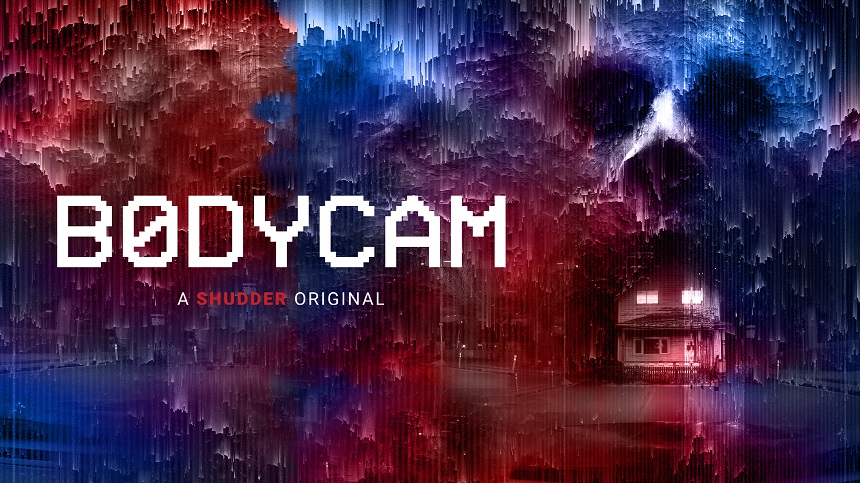 "Bodycam" cover art shows the title in white, pixelated text against a blurred background of red, blue, and purple hues with a small house. Mysterious and eerie. Ghastly, skeleton-like face surrounds / is above house, with house in mouth area of the entity.