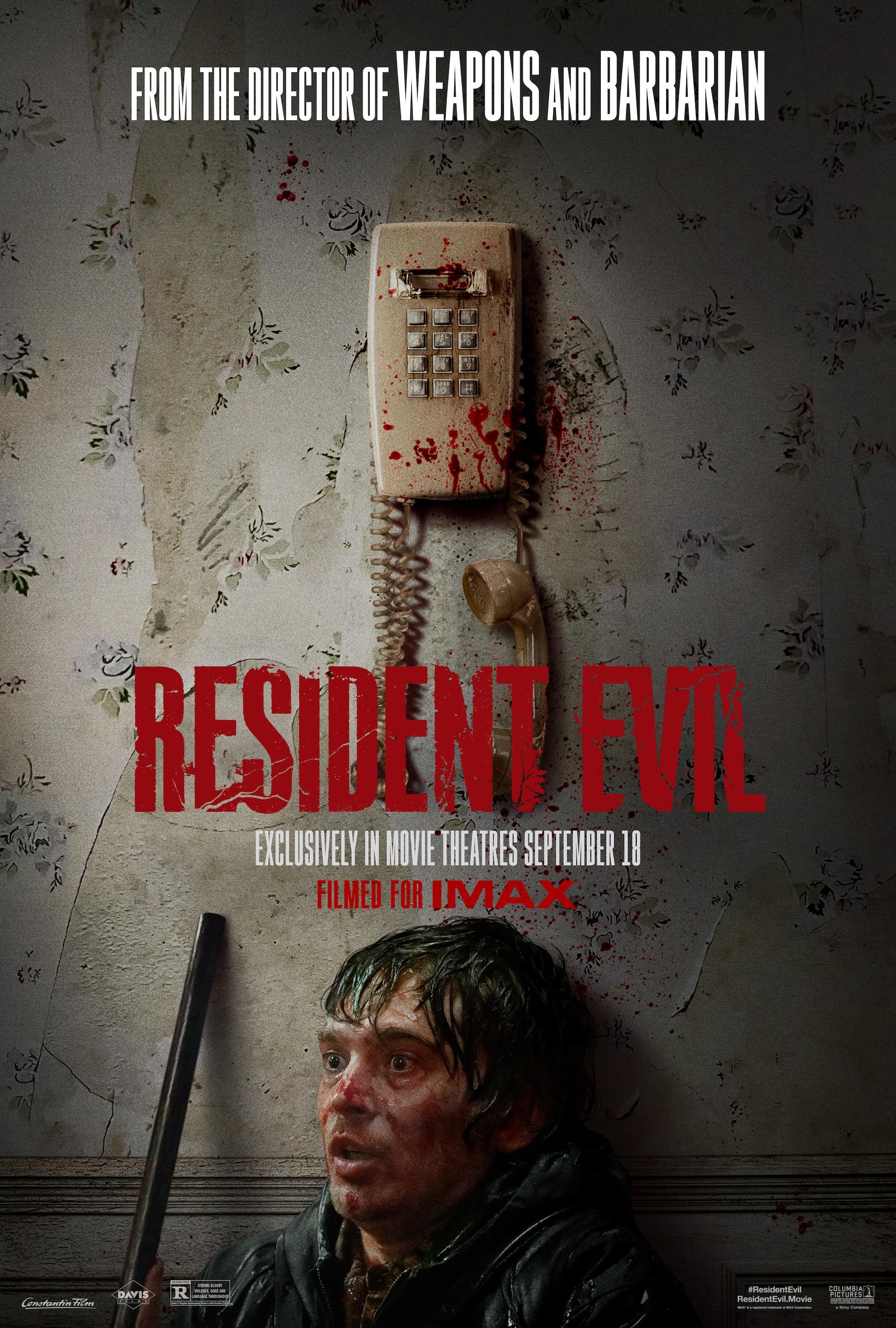 Zach Cregger Resident Evil Review - (2026): blood-smeared wall phone, red title card, and a frightened man gripping a weapon — grim, ominous tone.