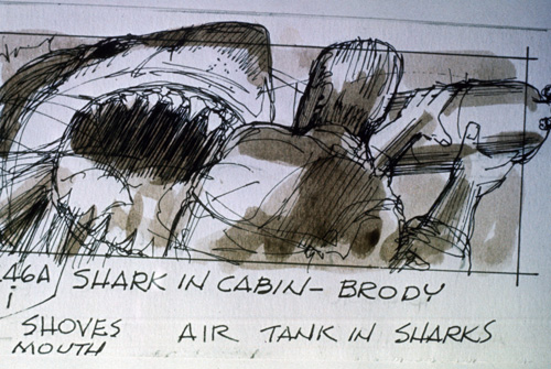 black-and-white sketch drawing, storyboard, of man thrusting o2 tank into open jaws of the titular shark from the film